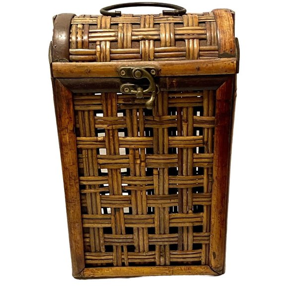 Vintage Decorative Bamboo 2 Bottle Wine Carrier W Hinge Lid And Handle 14x8 Inch - Picture 1 of 9